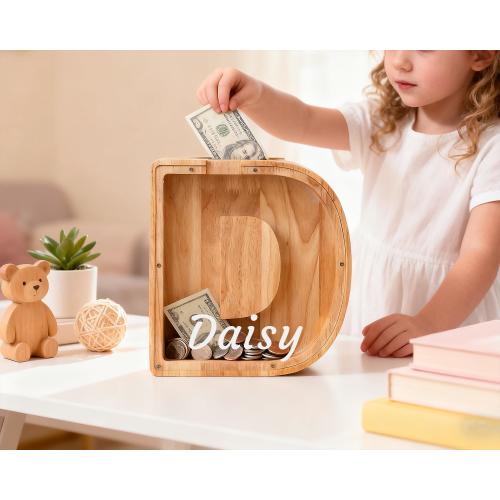 Personalized Wooden Initial Piggy Bank, Kid Alphabet Letter Bank, Custom Engraved Name Coin Bank, Baby Shower, Gift for Girl, Nursery Decor