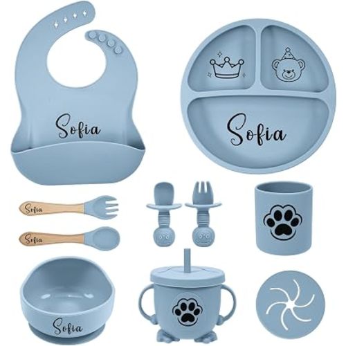 Personalized Silicone Baby Feeding Set, 10PCS Baby Led Weaning Supplies Gift with Suction Plate & Bowl, Adjustable Bib, Snack & Straw Cup, Toddler Utensils for Self Feeding Babies (Blue)