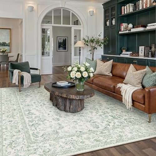 PureCozy 6x9 Green Area Rug Washable Non Slip Vintage Living Room Carpet