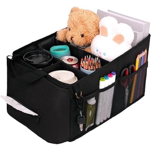 HEYSKAY Car Seat Organizer-Passenger Seat Organizer, Collapsible Small Car Seat Organizer for Console Front/Back, Car Caddy with 4pc Drink Holders Automotive Backseat Organizer for Kids