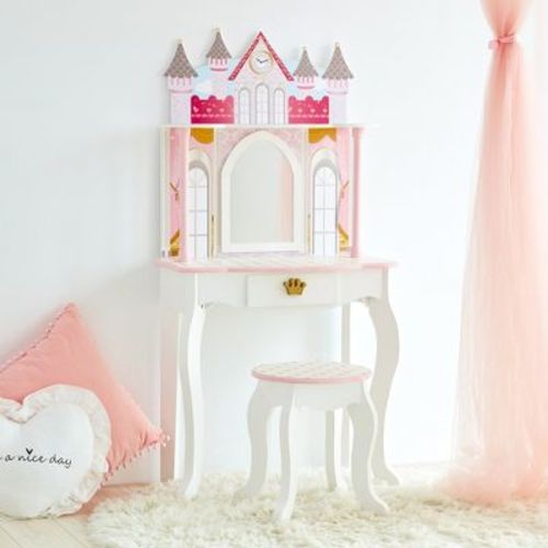 Teamson Kids Dreamland Castle Wooden Vanity Play Set with Stool & Mirror, Pink/White