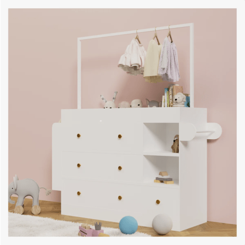 Multi-Functional Baby Changing Table with Storage - Modern Nursery Dresser with Deep Drawers, Shelves and Drying Rack, White