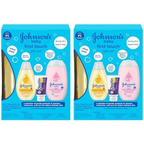 Johnson's First Touch Baby Essentials Gift Set with Body Wash & Shampoo, Body Lotion, & Zinc Oxide Diaper Rash Cream for Baby's Delicate Skin, Hypoallergenic, No Parabens or Dyes, 3 Items (Pack of 2)