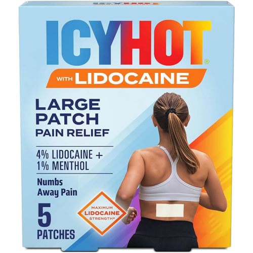 Icy Hot Lidocaine Pain Relief Patches, Numb Aggravated Nerves with Max Strength Lidocaine 4% and Menthol 1%, Fast-Acting Pain Relief for Minor Pain, Backaches, Sprains and Strains, 5 ct.