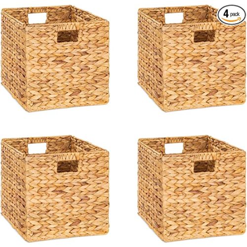 10.5 x 10.5 Storage Cubes – Water Hyacinth Wicker Baskets for Organizing, Wicker Storage Cubes, Storage Baskets for Shelves (4 Packs 10.5in)