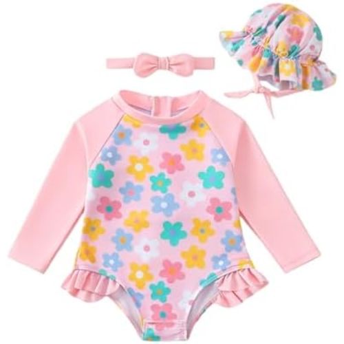 Renotemy Baby Girls Swimsuit Summer Infant Girl Bathing Suit Zipper Long Sleeve One-Piece Rash Guard Swimwear with Hat 3M-3Y