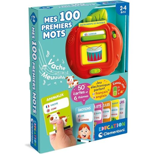 Clementoni - My 100 Bilingual First Words - from 2 Years Old - 50 Double-Sided Cards = 100 Words in French and English - 2 Game Modes: Discovery|Quiz - 6 Categories - Educational Games for Kids