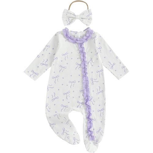 Newborn Baby Girl Outfits Bow/Goose Print Footed Jumpsuit Ruffle Zipper Romper Cute Fall Baby Coming Home Outfit
