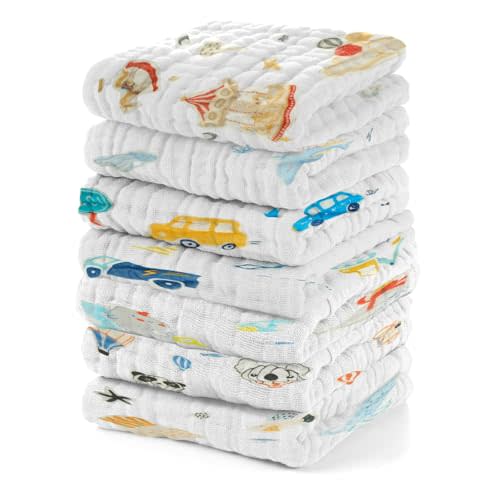EMSAAG Muslin Baby Washcloths Baby Wipes Newborn Pack of 7-Car Patten, Absorbent Baby Bath and Face Towels for Newborn,100% Cotton,Burp Cloths,Feeding Towels for Babies and Infants,Reusable-10x10
