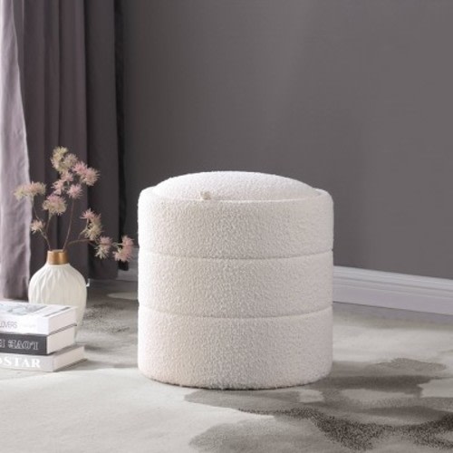Storage Round Ottoman Cream Boucle - HomePop: Footrest, Vanity Seating, No Assembly Required