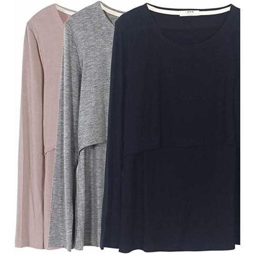 Women's Maternity Nursing Tops Comfy Long Sleeve Breastfeeding T-Shirt - Medium - Light Brown/Black/Grey (Cotton)