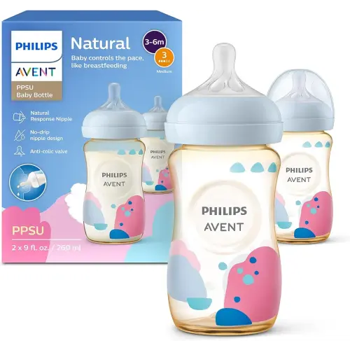 Philips Avent PPSU Natural Baby Bottles with Medium Flow Nipples (Flow 3), 9oz, with Decoration, 2-Pack, SCY943/02