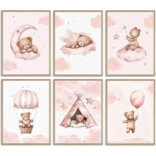 Gschupy Bear Nursery Wall Art Set of 6, Teddy Bear Canvas Wall Decor Pink Pictures Balloon Nursery Children Prints Artwork Moon Star Cloud Art for Girls Room Bedroom 8x10in Unframed