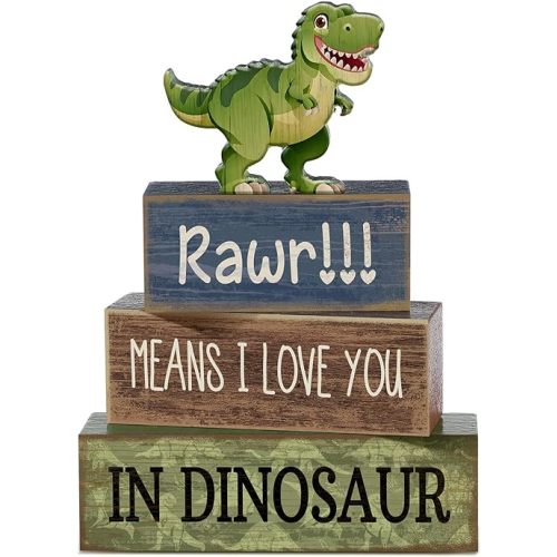 Lineshading 4 Pcs Dinosaur Table Decorations Wooden Dinosaur Decor Dino Safari Party Centerpieces for Table Jungle Animal Theme Baby Shower Tabletop Stand for Boys Girls Birthday Party Decorations