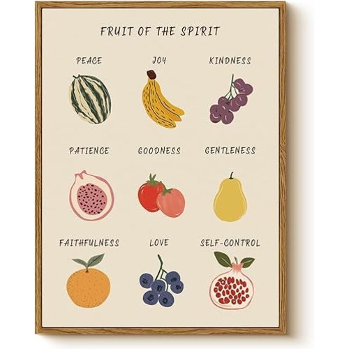 Framed “Fruit of the Spirit” Wall Art 12x16 Canvas Print, Bible Verses Inspirational Cute Fruits Illustrations Religious Artwork, Love, Joy, Peace Nursery Kids Room Sunday School Decor