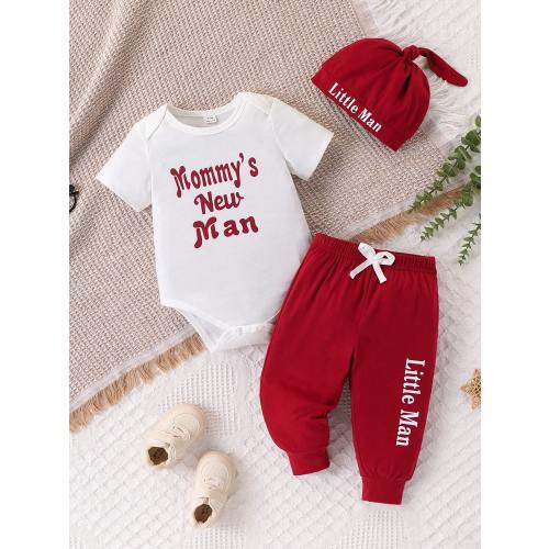 SHEIN Playful Pals Baby Boy Cute Letter Print Bodysuit With Pants & Hat Set, Spring/Summer