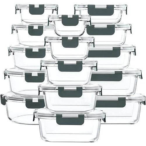 M MCIRCO 30 Piece Extra Large Glass Food Storage Containers with Lids,Gray