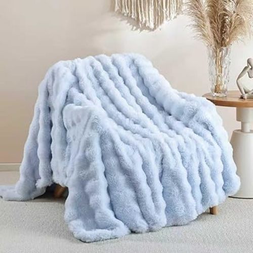 Smoofy Faux Fur Throw Blanket for Couch Rabbit Fleece - Light Blue Fluffy Blanket for Sofa Bedroom Living Room, Cozy Soft Plush Luxury Thick Winter Fuzzy Comfy Bubble Blanket - 60" x 80"