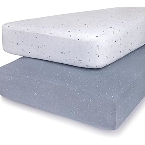 Ely’s & Co. Crib Sheets, Baby Boy Fitted Crib Mattress Sheet Set, 2 Pack, 100% Jersey Knit Cotton, Infant and Toddler Nursery Bedding, Celestial Blue Print, 28” x 52”