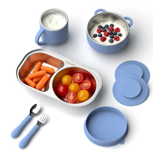Bakpoco Stainless Steel Baby Plates and Bowls Set with Detachable Suction Base, Kids Feeding Set-Toddler Plate, Bowl, Open Cup & Baby Utensils for Self Feeding & Baby Led Weaning (6-12M & 1-3Y), Blue
