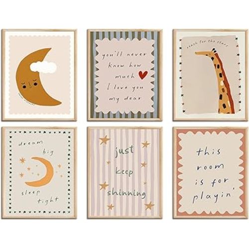 Kids Wall Art Decor, Baby Girl & Boy Nursery Decor, Vintage Nursery Canvas Wall Art, Toddler Room Bedroom Playroom Poster, Cute Colorful Animal Eclectic Gallery Posters Prints Artwork, 8"x10" Unframed