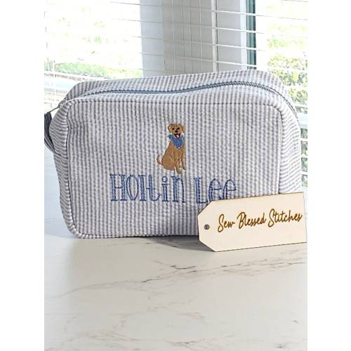 Personalized seersucker bag, blue everything bag, boy baby gift, boy birthday gift, monogram cosmetic bag, toiletry bag