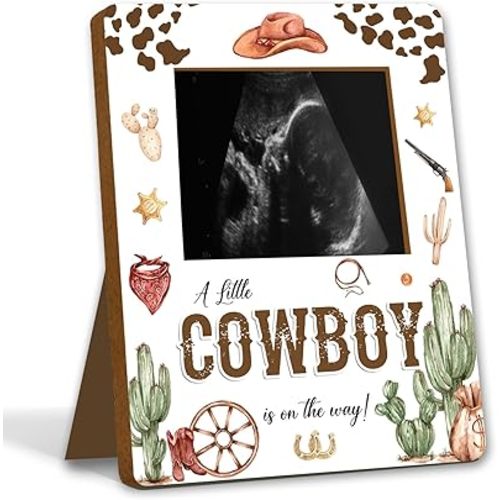 ALodr Cowboy Baby Shower Decorations, Baby Shower Sign Picture Frame, Cowboy Party Decor for Gender Reveal, Pregnancy Milestone Keepsake, Pregnancy Announcement Sonogram Photo Frames