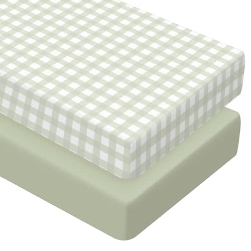 Peryiter 2 Pack Gingham Crib Sheets for Girls Boys Green Bed Sheet Set Fitted 52'' x 28" for Standard Crib Mattress Stretchable Soft Toddler Aesthetic Nursery Decor