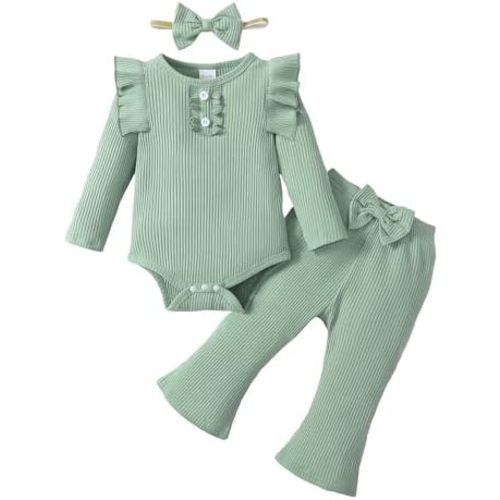 Baby Girl Clothes Ruffle Long Sleeve Romper and Flare Pants Set 3 Piece Girls Fall Winter Outfits