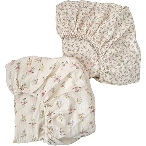BuLuTu Muslin Floral Print Crib Sheets 2 Pack, Soft Breathable 100% Cotton Neutral Fitted Sheets Set for Standard Crib Mattress & Toddler Mattress 52"x28", Camellia & Azalea