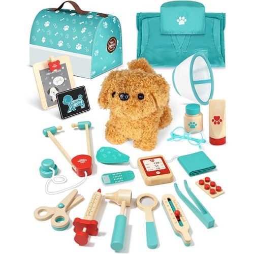 Lehoo Castle Wooden Doctor Kit for Kids, Vet Play Sets, Veterinarian Kit Pretend Play Doctor Set with Dog Bag, Medical Kits Doctor Toys Gift for Boys Girls Aged 3 4 5