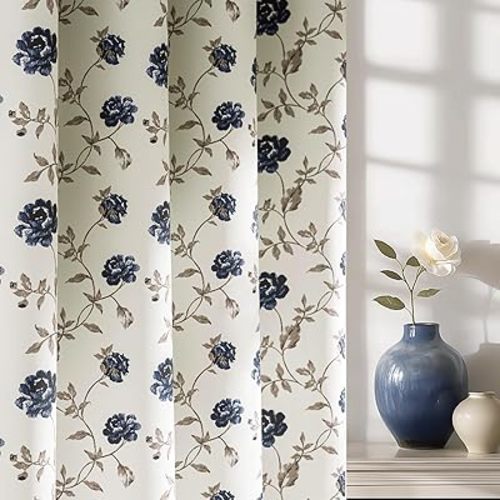 Beauoop Floral 100% Blackout Curtains 84 Inches Long 2 Panels for Bedroom Living Room Blue Brown on Beige Rose Flower Patterned Room Darkening Thermal Soundproof Rod Pocket Window Drapes, 52X84