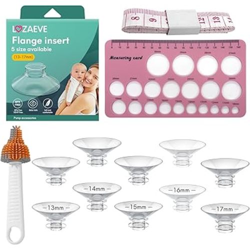 Big Wider Angle (105 Degree) Flange Sizing Kit with 10PCS 13/14/15/16/17mm Flange Inserts for 24mm Wearable Breast Pump, Silicone Flange Size Kit 3 in 1, Include Nipple Ruler, Cleaning Brush, 10PCS