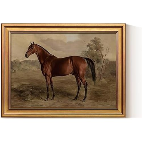 VIYYIEA Gold Framed Canvas Prints Art,12x16Inch, Vintage Horse Painting, Rustic Farmhouse Cottage Equestrian Wall Decor for Bathroom Bedroom Hallway shelf bookshelf Library, Earthy Tones