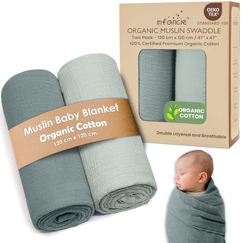 Organic Cotton Muslin Baby Blanket - 47x47 Inch Breathable Swaddle, Hypoallergenic Double-Layer, Versatile Use (Green/Mint Green, 47x47 Inch)