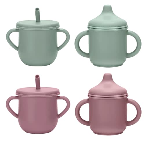 Silicone Toddler Cups Set, 2 Straw Cups and 2 Sippy Cups for 6+ Months Baby, Leakproof Spillproof Training Cups with Handles, Easy Clean (Green+Pink)