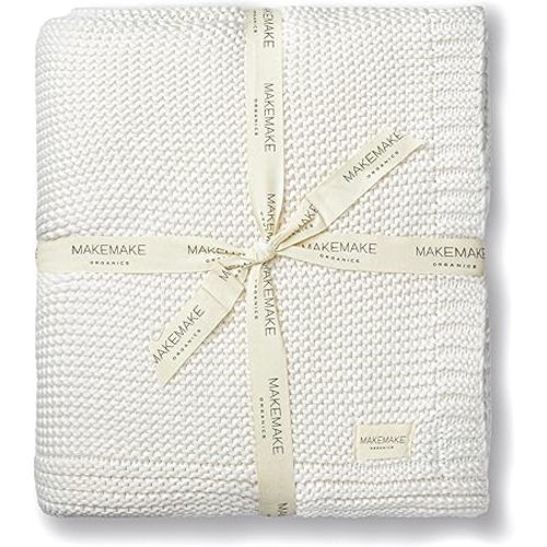 Makemake Organics Organic Cotton Throw Blanket GOTS Certified Organic Knit Blanket Couch Bed Neutral Fall Colors Soft Cotton Throw Blanket Large (50x60, Ivory)