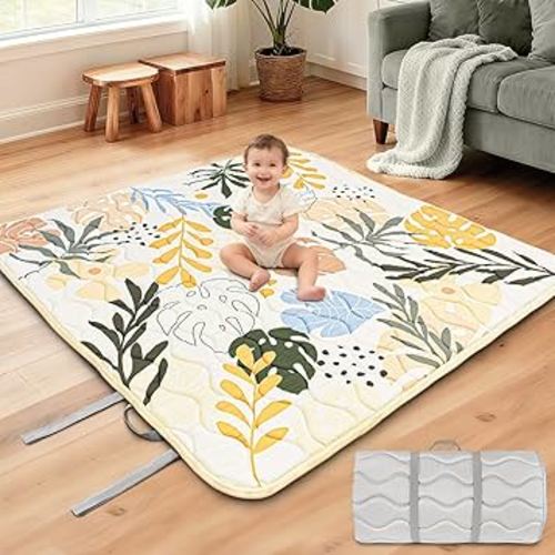 Baby Play Mat for Floor, Portable 50x50 Thickened Foam Playpen Mat, Foldable for Easy to Store, Baby Tummy Time Playmat, Non-Slip, Carring Handle for Outdoor Use(Leaf)