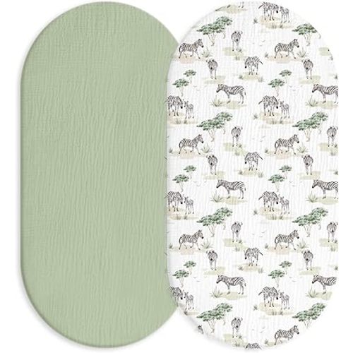Muslin Bassinet Fitted Sheets, 2 Pack for Baby Boy and Girl, Soft Breathable Baby Pad/Mattress Sheet, Fit for Hourglass Oval and Rectangle Bassinet Mattress (Cute Zebra, Bassinet Sheets 2 Pack)