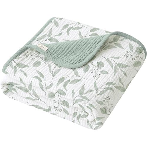 Konssy Muslin Baby Blankets for Girls Boys, 100% Cotton Crib Blanket for Infant Toddler, Super Soft and Lightweight Nursery Swaddling Wrap 40"x36" (Green Leaves)
