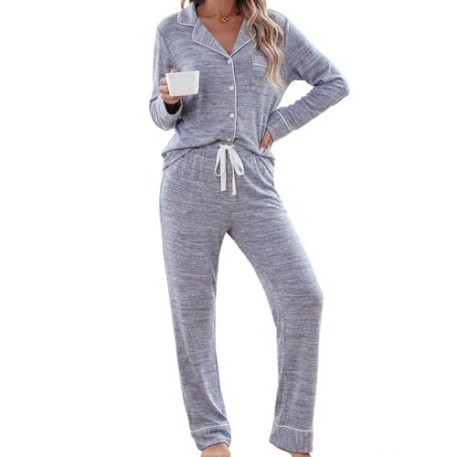 Leikar Button Up Pajama Set For Women Long Sleeve Shirt And Pajama Pants Soft Pjs Lounge Sets