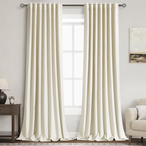 Warm Beige 100% Blackout Linen Curtains for Bedroom 102 Inches Long Back Tab Thermal Insulated Modern Farmhouse Decor Black Out Curtain for Living Room Dining Room Rod Pocket Drapes 52x102, 2 Panels