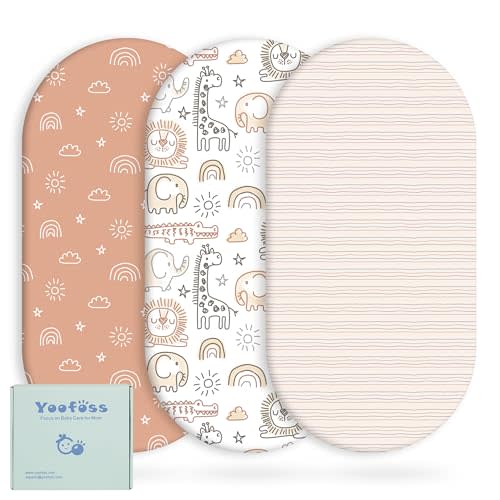 Yoofoss Bassinet Sheets for Baby,3-Pack Fitted Bassinet Sheets Set Compatible with Halo Bassinest Swivel Sleeper,Baby Delight,Angelbliss,Soft Breathable Bassinet Mattress Sheets (Brown+Animals)