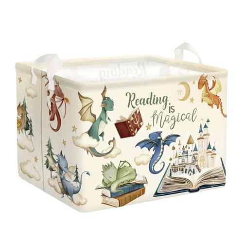 Dinosaur Laundry Hamper Large Storage Basket Cartoon Dino Collapsible Parents Organizer Kids Toy Clothes Bins for Bedroom, Bathroom, Magic Books, 36L