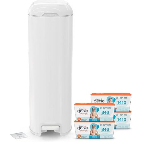 Diaper Genie Platinum Diaper Pail Lily White, Made of Durable Stainless Steel, Includes 4 Easy Roll Refill with Total of 96 Bags.
