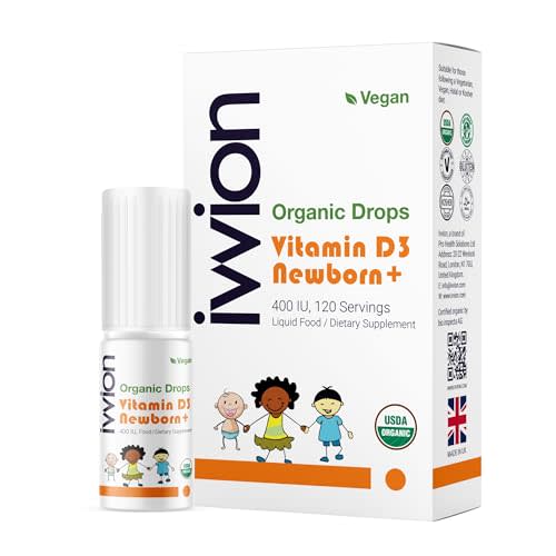 ivvion Organic Vegan 400IU, Vitamin D3, 120 Drops – Baby Drop for Infants & Toddlers | USDA Organic, Non-GMO, Plant-Based, No Additives or Preservatives, All Natural, Made in UK