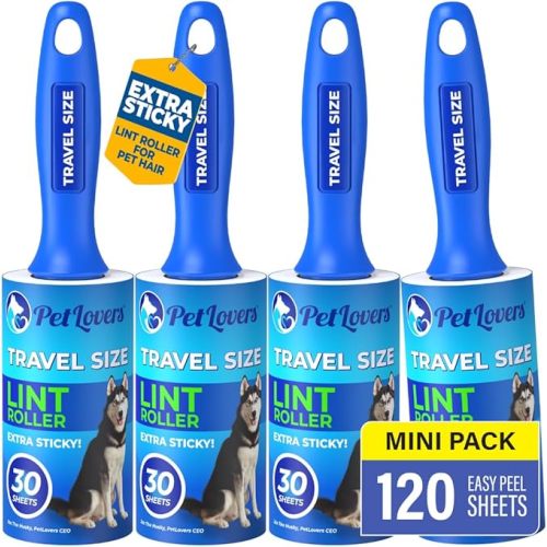 PetLovers Extra Sticky Lint Roller Mega Value Set for Pet Hair Removal and Clothes, Dog and Cat Lint Remover (Blue, 4 Pack Mini)
