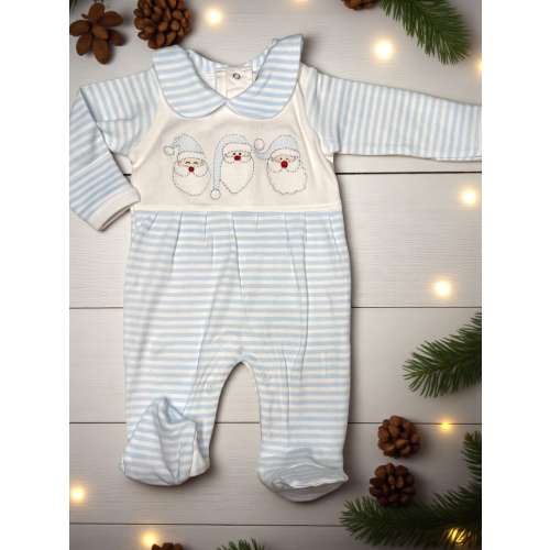 Baby Boy Christmas Romper, Blue Stripe Santa Embroidery, Holiday Footie