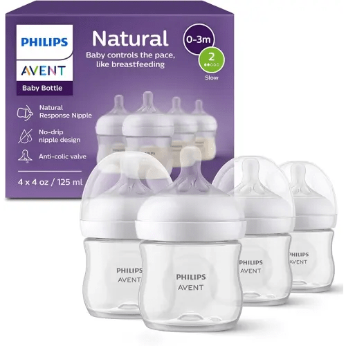 Philips Avent Natural Baby Bottles with Natural Response Nipples (Slow Flow, Flow 2), 4oz, 4-Pack, SCY900/04