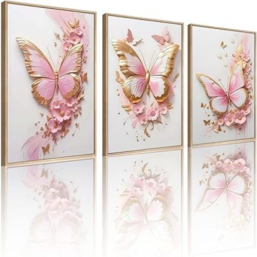 ACWOWO 2D Pink Butterfly Floral Wall Art 3-Piece Set Butterfly Poster Painting Pink Gold Floral Canvas Wall Decor for Girls' Bedrooms Bathrooms Offices Dorm Rooms 12x16 In (Poster